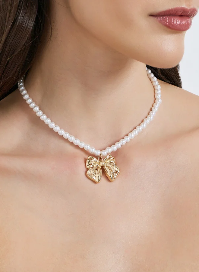 Styli  Gold Bow Pearl Beaded Necklace for Women | Best Price UAE